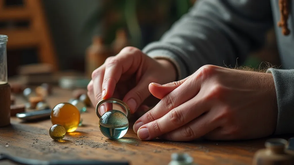 Collector examining an antique marble with a magnifying glass