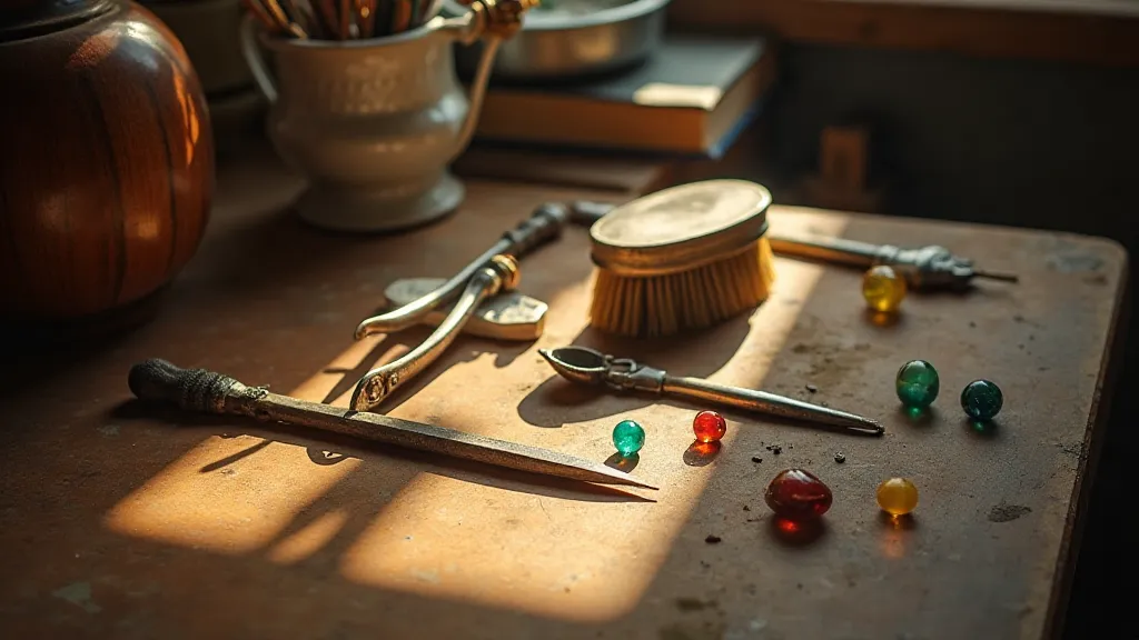 Antique marbles on a workbench with tools