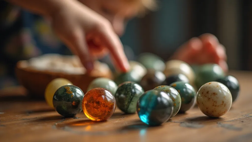 Antique marbles and a child's hand