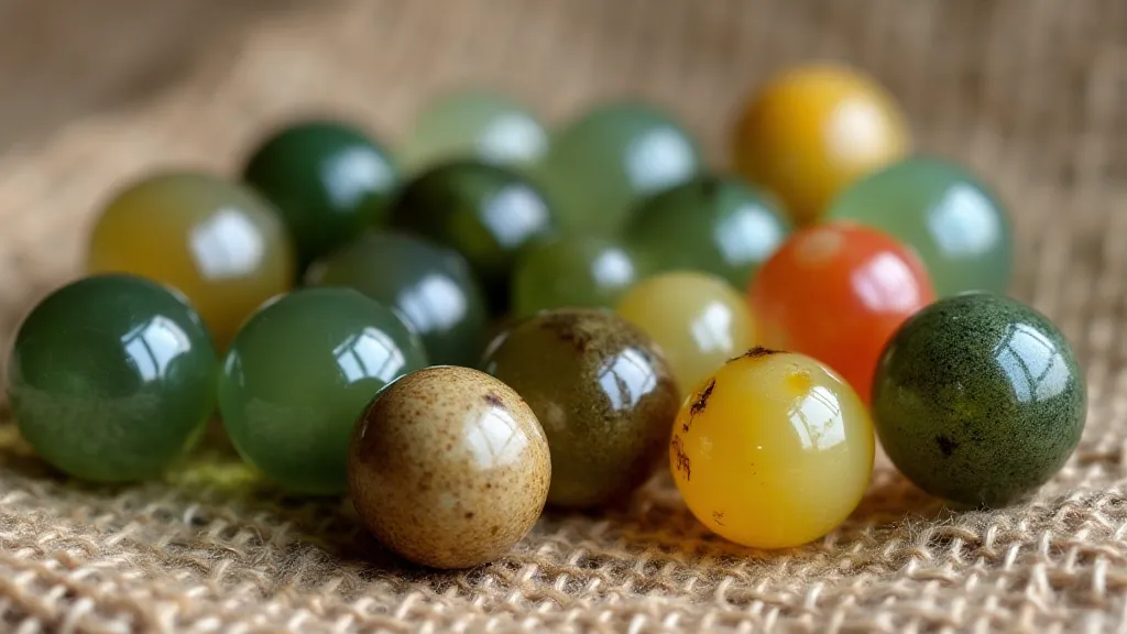 Antique glass marbles with mineral colorations.